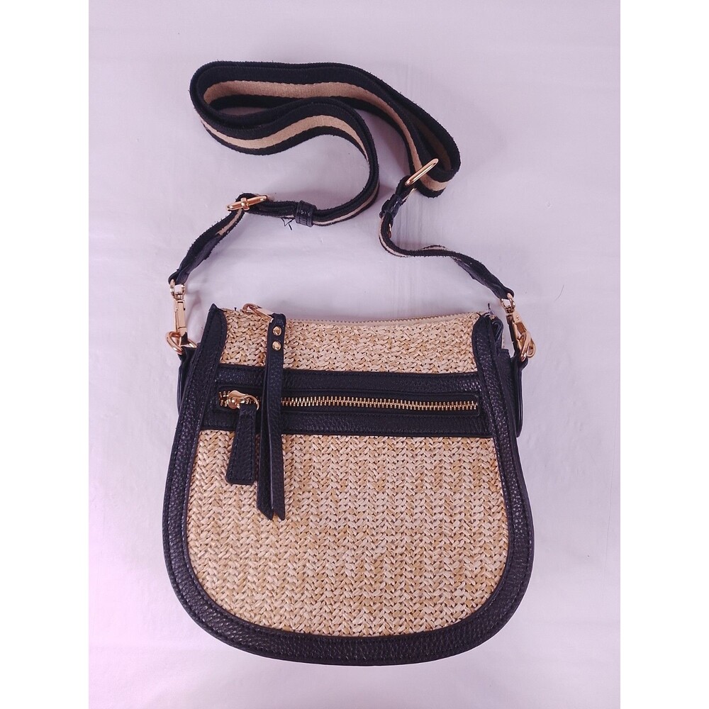 Crown Vintage Straw Crossbody Bag Woven Raffia Brown Trim Boho Purse Small